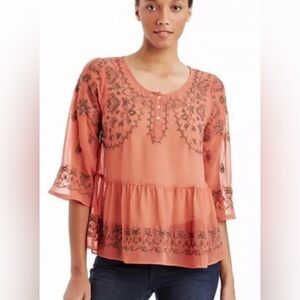 Free People Autumn Sheer Embroidered Boho Blouse‎